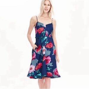 Banana Republic Navy Floral Midi Dress with Pink & Red Blooms